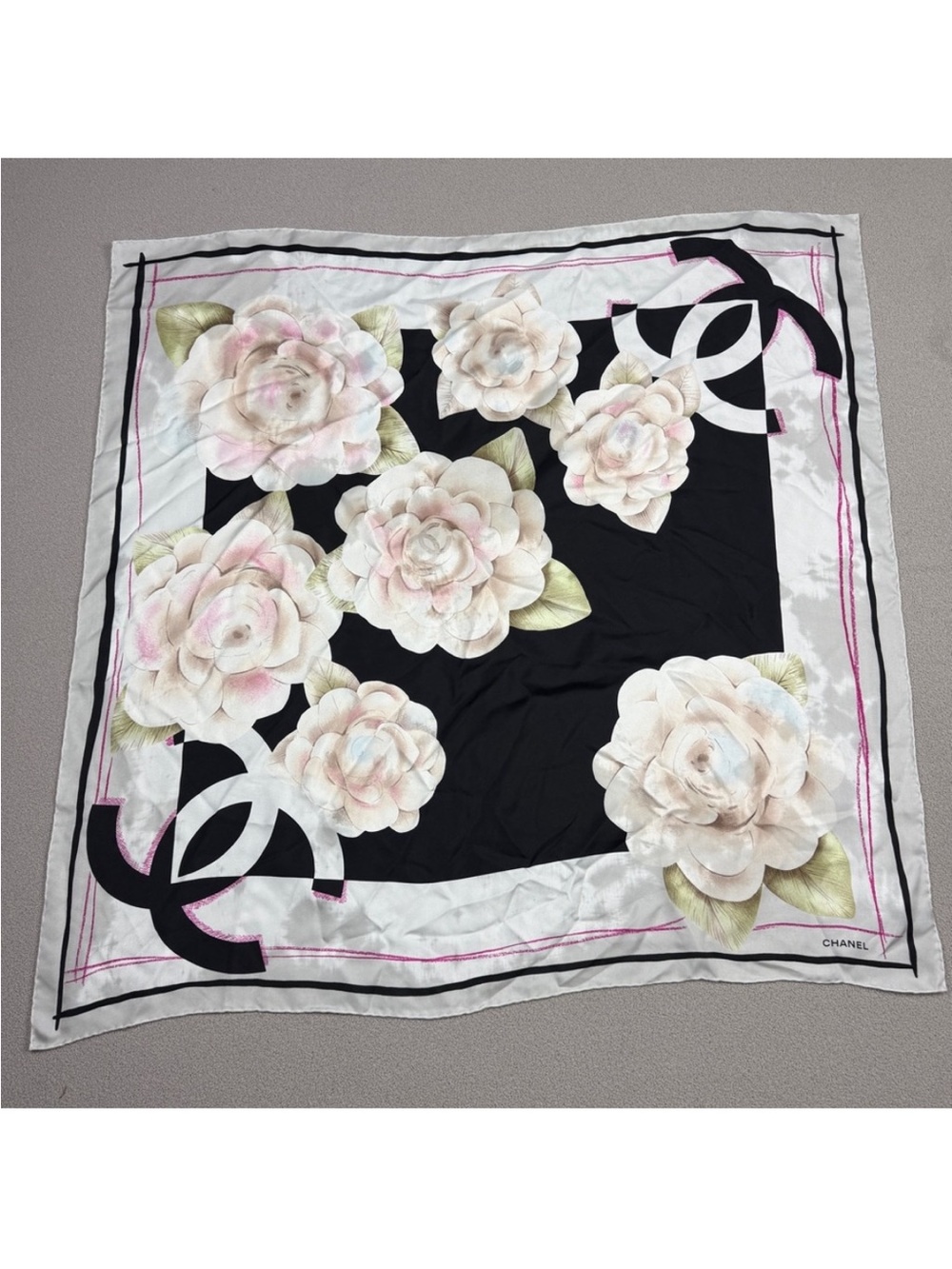 CHANEL Floral Silk Square Scarf - Black, White & pink 🩷Rare - Hard to Find!